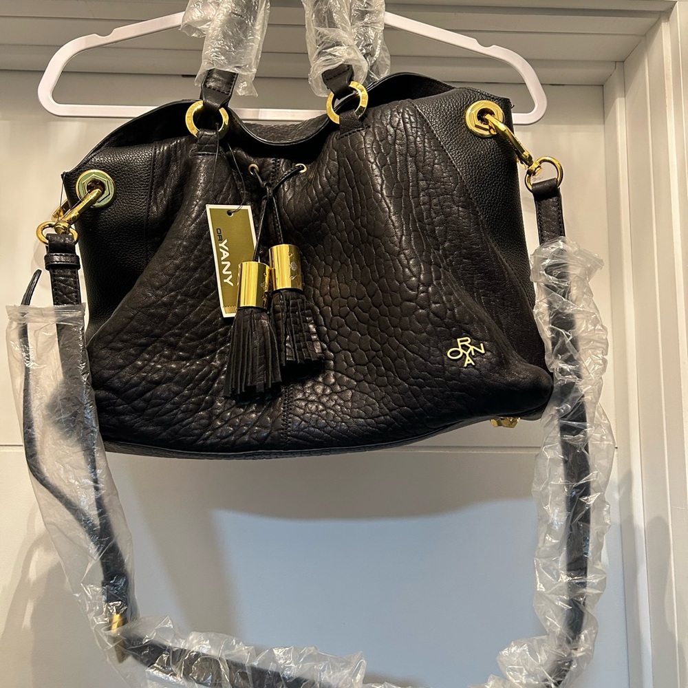 BRAND NEW Beautiful orYANY Black Leather Shoulder Bag with Gold Accents